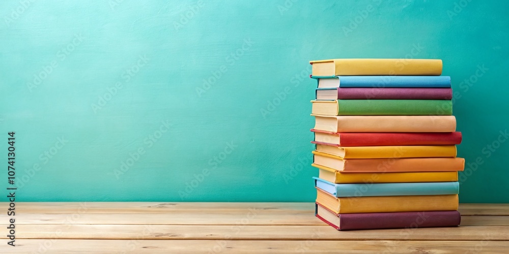 Poster panoramic view of a stack of books on a light gray table against a soft pastel turquoise background 