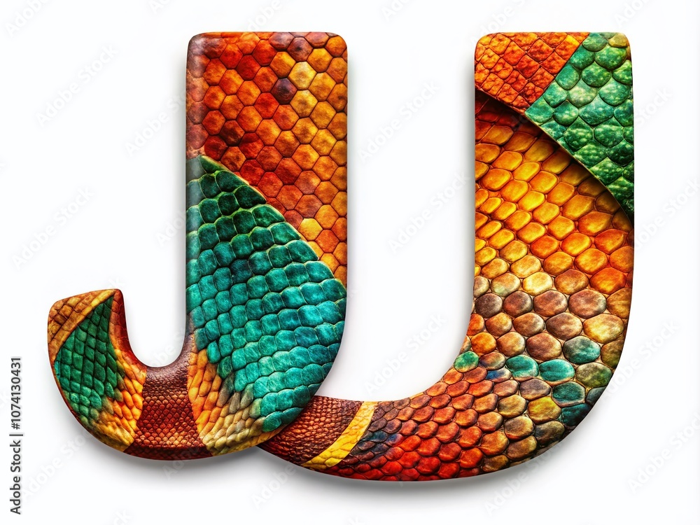 Poster panoramic view of a unique textured letter j in reptile scale design featuring earthy tones and intr
