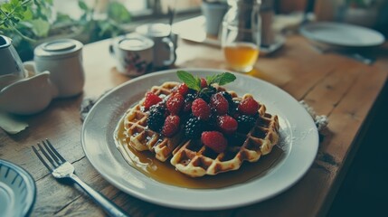 Delicious Waffle with Berries and Syrup on Table