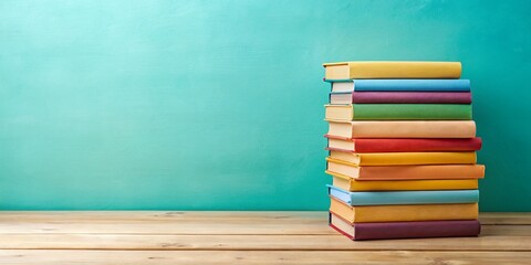 Fototapeta premium Panoramic View of a Stack of Books on a Light Gray Table Against a Soft Pastel Turquoise Background for a Tranquil and Inviting Home Office Atmosphere