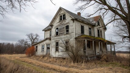Creepy old abandoned house with broken windows and shabby exterior , haunted, deserted, spooky, eerie, decay