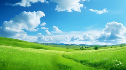 Obraz premium A vibrant landscape featuring lush green fields under a bright blue sky with fluffy clouds.