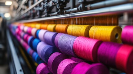 Colorful spools of thread arranged in a textile manufacturing setting.