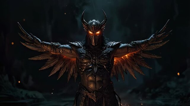 Fantasy warrior with glowing eyes and large fiery wings stands powerfully amidst a dark and fiery backdrop. The warrior is wearing elaborate armor, suggesting strength and power