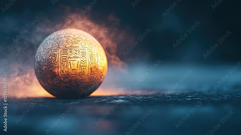 Aufkleber illuminated sphere above misty surface with intricate patterns, artistic light play.
