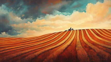 Fototapeta premium A tractor plows a field at sunset with a dramatic sky overhead.