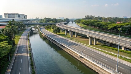Naklejka premium Symmetrical overpass spanning river in Singapore , architecture, urban, cityscape, bridge, structure, transportation