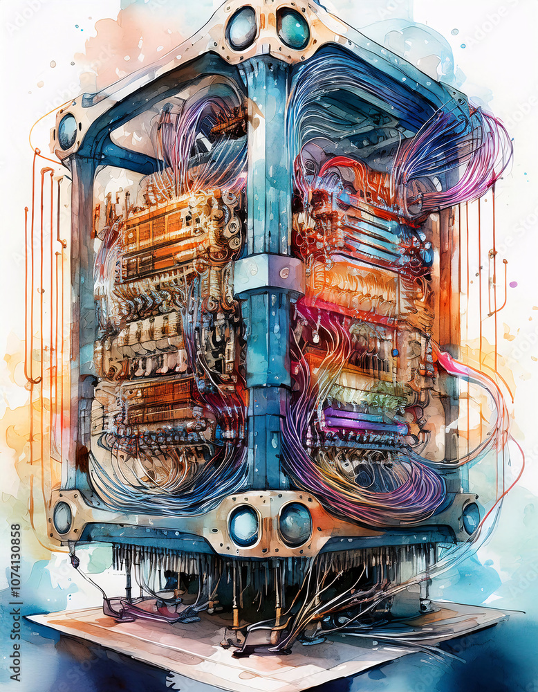 Poster a futuristic cube filled with intricate circuitry and wires, rendered in a watercolor style