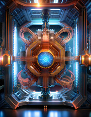 A futuristic machine with a glowing blue core, surrounded by intricate wiring and metalwork