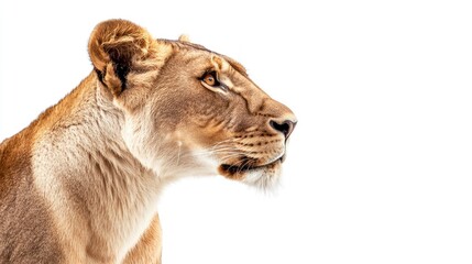 Naklejka premium Majestic Lioness in Profile Against White Background