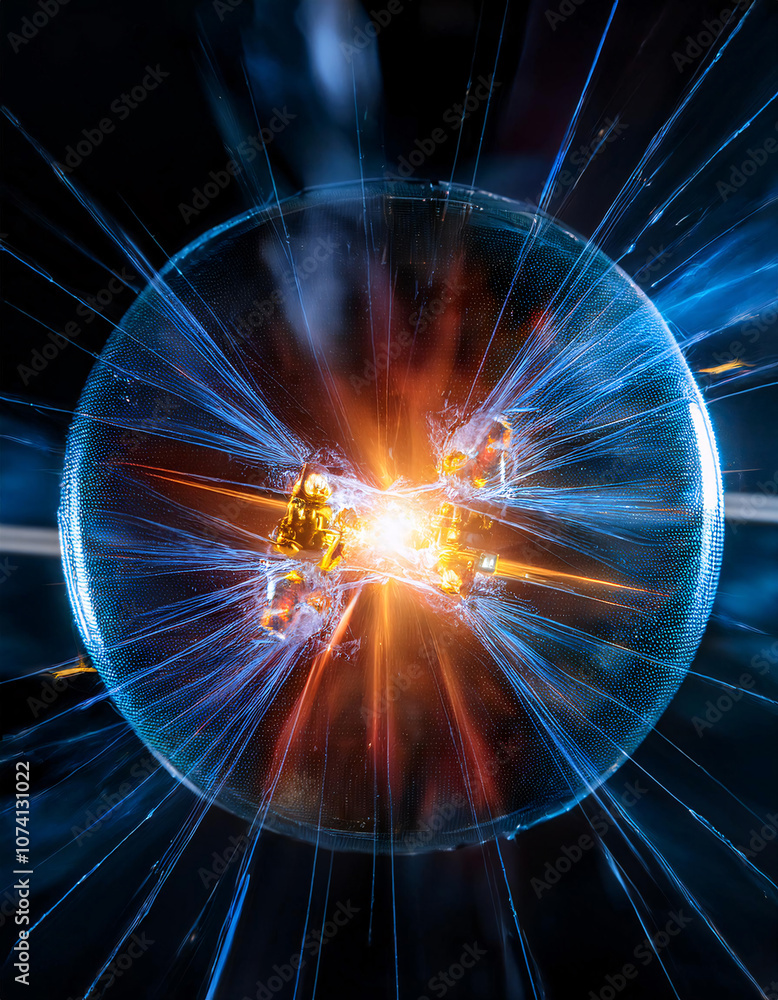 Poster glowing energy bursts from a central object within a spherical container