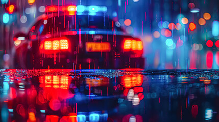 Police car is driving down a wet street at night.