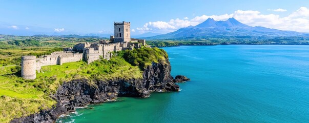 Naklejka premium Historic castle on a rocky shore overlooking a beautiful blue sea and mountains, bright day.