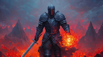 Fototapeta premium Knight wielding fire magic in a dramatic volcanic landscape, epic fantasy scene.