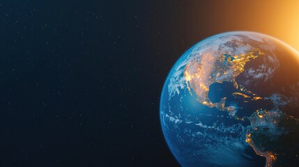 Fototapeta premium Earth illuminated by sunlight, showcasing cities and landscapes against space backdrop.