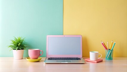 Pastel Desk Setup Featuring Laptop and Coffee Mug on a Bright White Background, Ideal for Home Office or Workspace Inspiration with Modern Aesthetic and Cozy Vibe