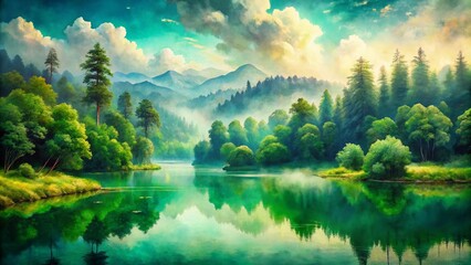 Fototapeta premium Panoramic Watercolor Texture in Shades of Green for Natural Landscapes and Abstract Art, Capturing the Serenity and Fluidity of Nature's Palette