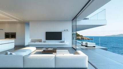 Fototapeta premium Modern minimalist style, blank living room, white color, wide angle view