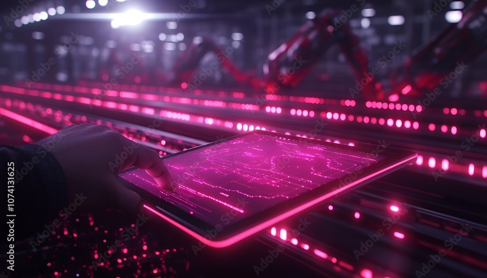 Leinwandbilder a glowing tablet displays vibrant data in a high-tech factory setting with robotic arms working, sho
