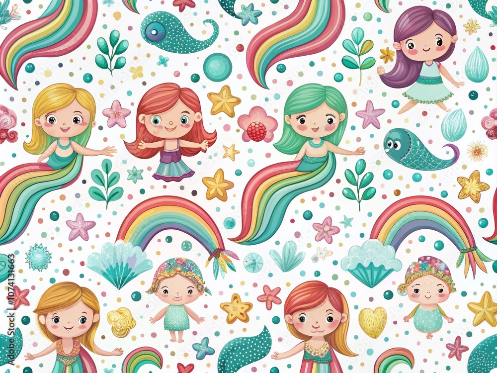Poster playful mermaids and colorful rainbows create a whimsical pattern on a clean white background for br