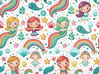 Playful Mermaids and Colorful Rainbows Create a Whimsical Pattern on a Clean White Background for Bright and Cheerful Home Decor and Children's Products