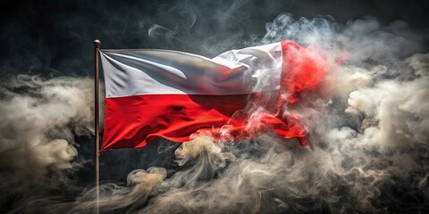 Polish Flag Resilient Amidst Swirling Smoke: A Minimalist Representation of History and Endurance Captured in a Striking Visual Composition