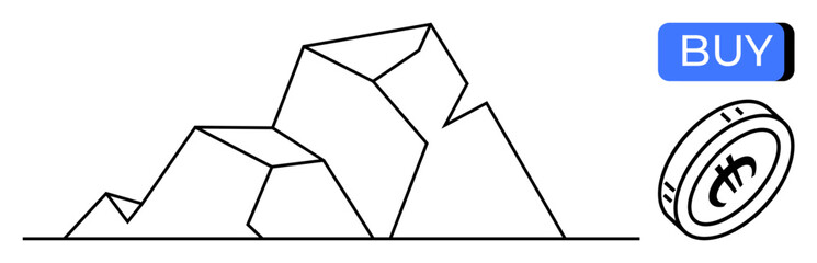 Polygonal mountain shapes beside a coin featuring a cryptocurrency symbol and a blue BUY button. Ideal for cryptocurrency, investment, blockchain technology, financial services, e-commerce, online