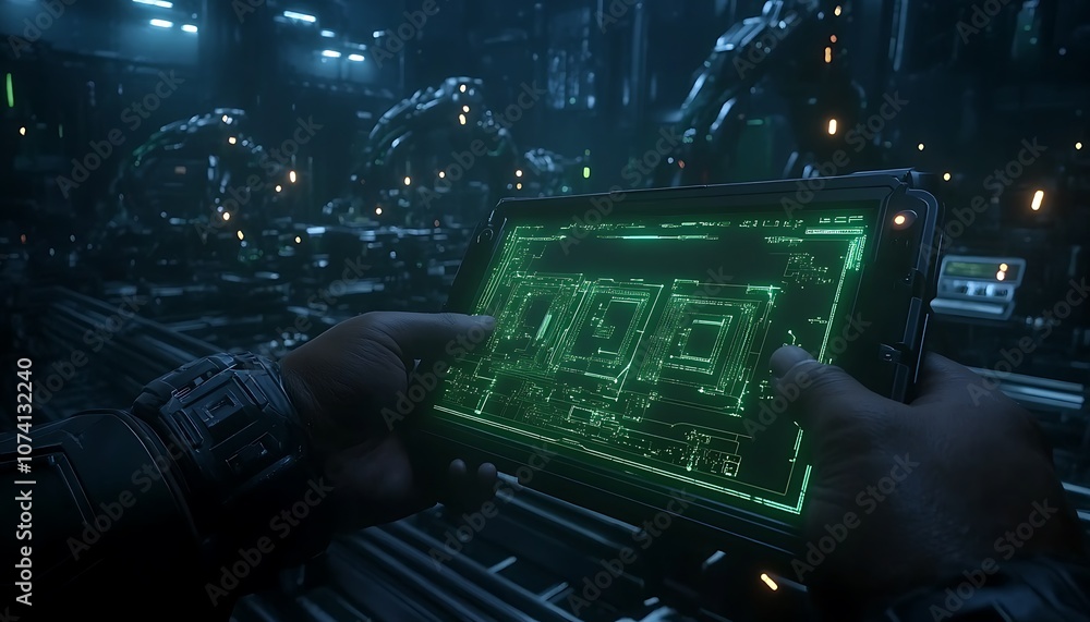 Poster a futuristic scene depicting hands interacting with a glowing green screen, surrounded by robotic fi