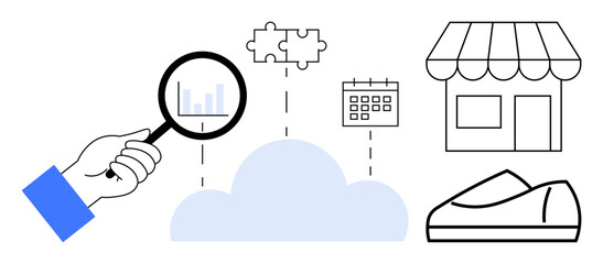 Magnifying glass examining data above cloud connected to puzzle piece, calendar, shop, and shoe. Ideal for data analysis, e-commerce, business strategy, retail management, market research, cloud