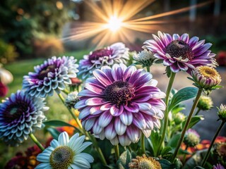 Obraz premium Purple and White Floral Arrangement with High Depth of Field, Capturing the Beauty of Nature's Palette in a Lush Garden Setting, Perfect for Home Decor and Botanical Illustrations