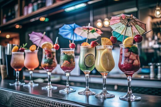 Quirky and Whimsical Funny Named Drinks Served in Colorful Glasses with Unique Garnishes at a Festive Bar Setting