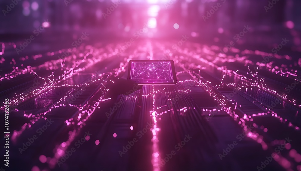 Aufkleber a glowing network of vibrant, purple light particles emanates from a central device, creating a dyna