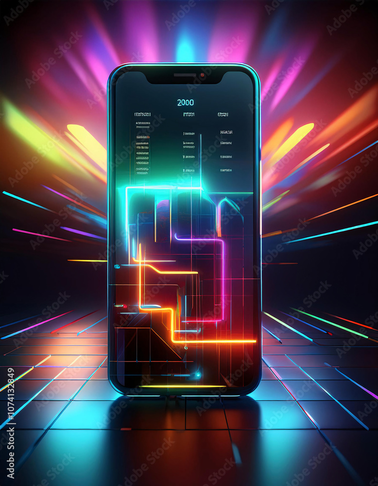Poster a futuristic smartphone with neon lights and circuit patterns on its screen
