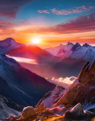 Naklejka premium Dramatic mountain scenery at sunset with a vibrant sky