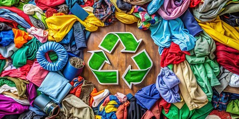 Fototapeta premium Recycle Symbol Amidst a Mountain of Fast Fashion Waste, Highlighting the Urgency of Fashion Sustainability and Environmental Responsibility in the Modern World
