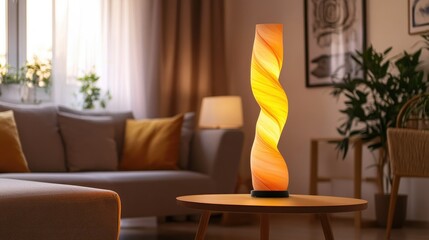 A chic living room corner with an artistic swirl table lamp illuminated, creating an artistic ambiance