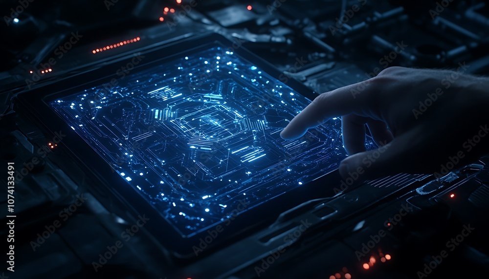 Aufkleber a hand reaches out to a glowing, intricate circuit board, showcasing a futuristic technological inte