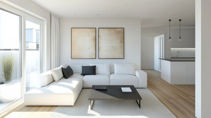 Minimalist living room with white sofa and abstract wall art in modern open space
