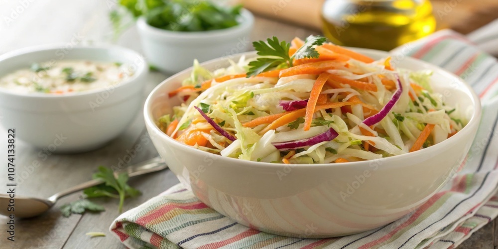 Poster cabbage slaw a bowl of fresh cabbage slaw with shredded carrots and a light vinaigrette. the crunchi