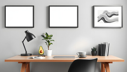 Stylish and modern scandinavian  home office desk with mock up poster frames,avocado plant,cup of coffee and office accessories. Modern composition of home office desk isolated with white highlights