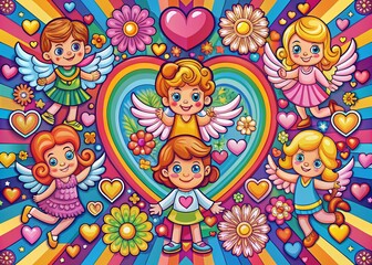 Retro Valentine's Day Poster with Cupid and Guardian Angels in a Groovy 90s Style, Featuring Hearts and Colorful Typography for a Love-Inspired Design