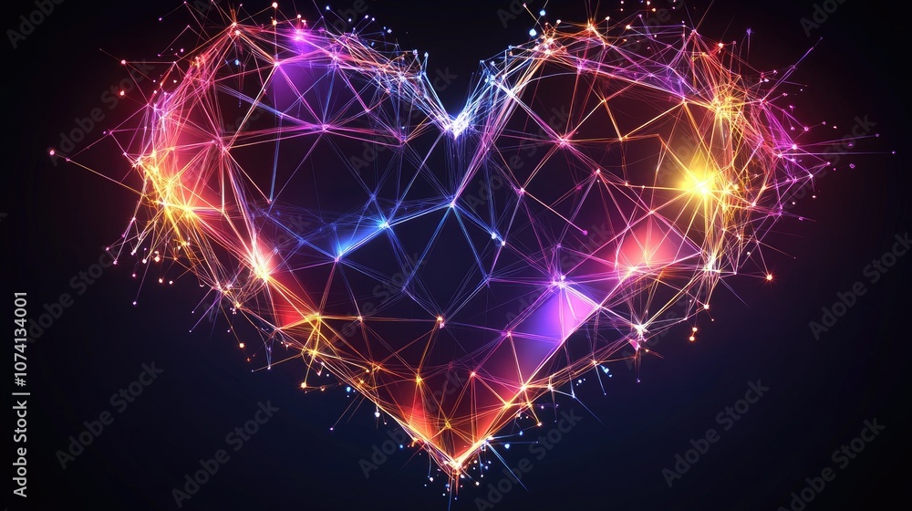 Poster a digital heart design created by generative ai, with geometric shapes in various neon shades, glowi