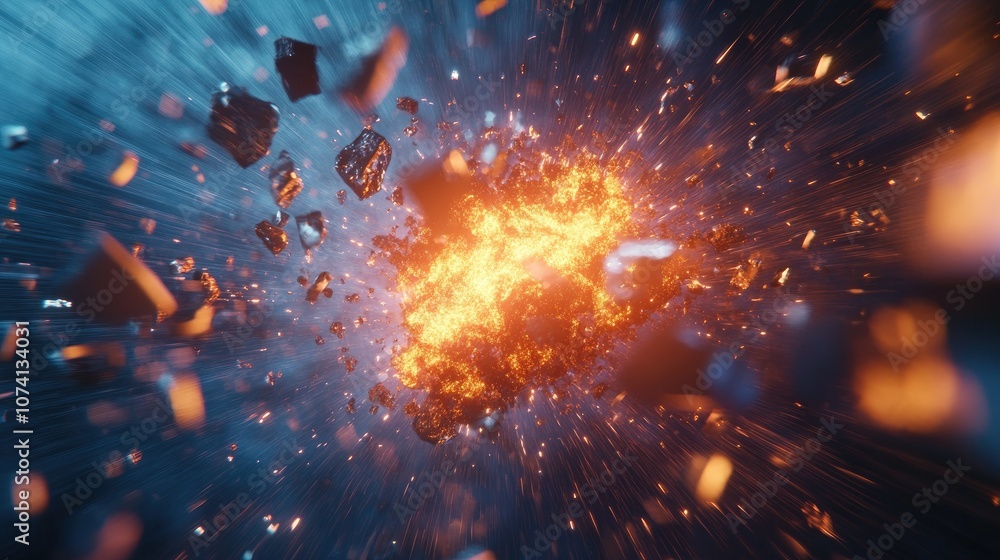 Poster A dramatic 3D rendering of an abstract explosion, with glowing shards in motion set against a bright blue, futuristic digital background