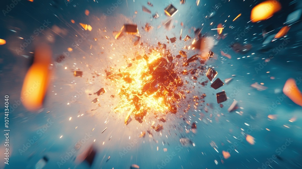 Aufkleber A dramatic 3D rendering of an abstract explosion, with glowing shards in motion set against a bright blue, futuristic digital background