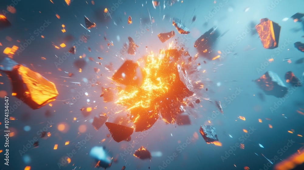 Poster A dramatic 3D rendering of an abstract explosion, with glowing shards in motion set against a bright blue, futuristic digital background