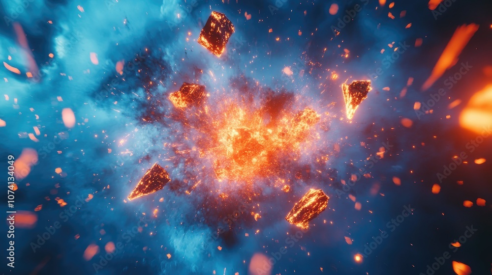 Poster A dramatic 3D rendering of an abstract explosion, with glowing shards in motion set against a bright blue, futuristic digital background