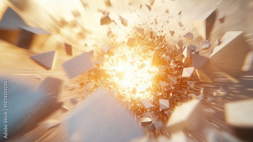 Poster A dynamic 3D rendering of a geometric explosion, with surfaces crumbling and sharp edges forming intricate patterns under intense force