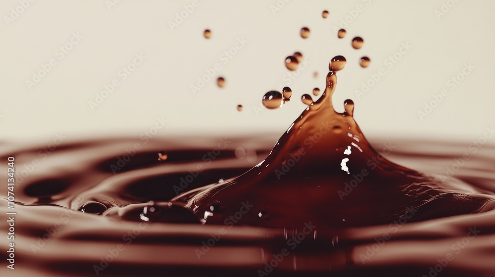 Poster a dynamic splash of liquid chocolate, with droplets suspended in motion, isolated on a clean backdro