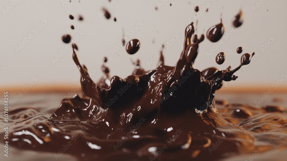 Poster a dynamic splash of liquid chocolate, with droplets suspended in motion, isolated on a clean backdro