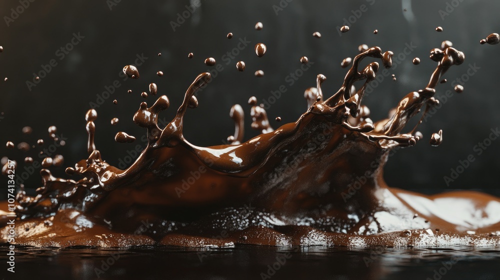 Poster a dynamic splash of liquid chocolate, with droplets suspended in motion, isolated on a clean backdro